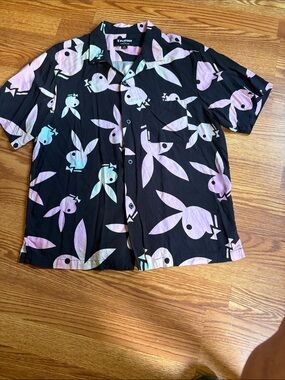 PLAYBOY Black Shirt with Pastel Bunny Silhouettes